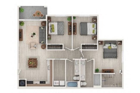 Floor plan for 3 beds, 2 baths, 1275 sqft
